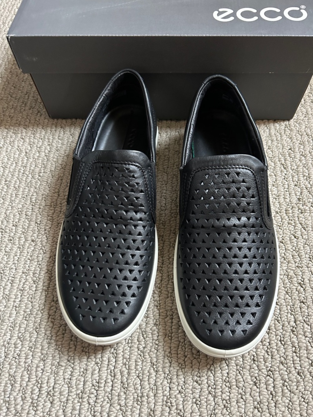 Ecco Black Perforated Leather Slip-On Sneakers with White Sole - Picture 3 of 5